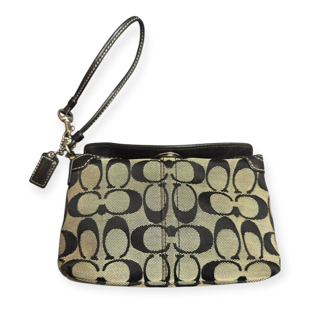 Coach Jacquard Signature C Turn Lock Medium Wristlet Beige Brown Mini Bag Purse - Picture 2 of 4